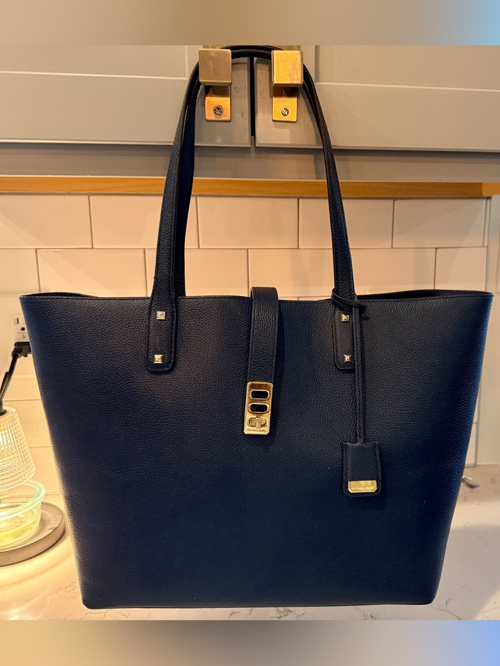 Michael Kors Navy Leather Tote with Gold Hardware